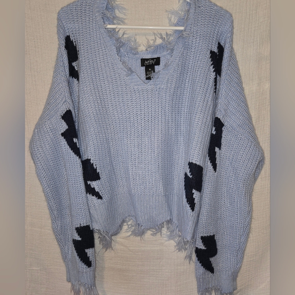 Just Polly Pale Blue V-Neck Fringe Distressed Crop Sweater Womens XL Bolts - Picture 2 of 7